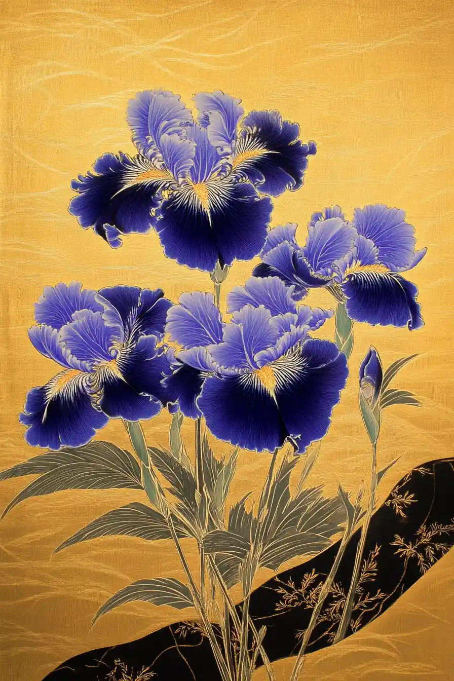 Iris viola e campanule blu in una pittura giapponese dorata
