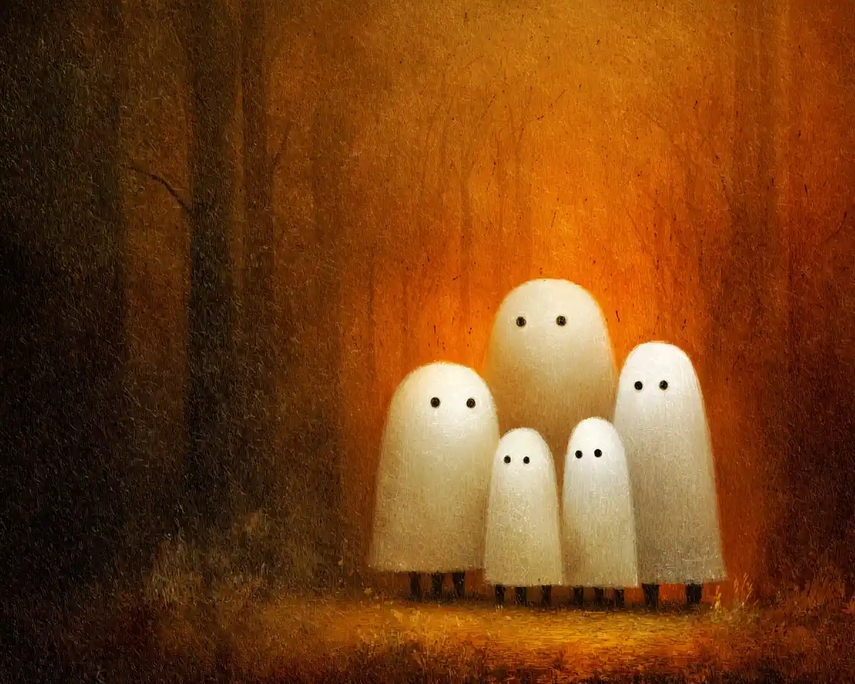 Group of ethereal ghosts drifting through a quiet forest