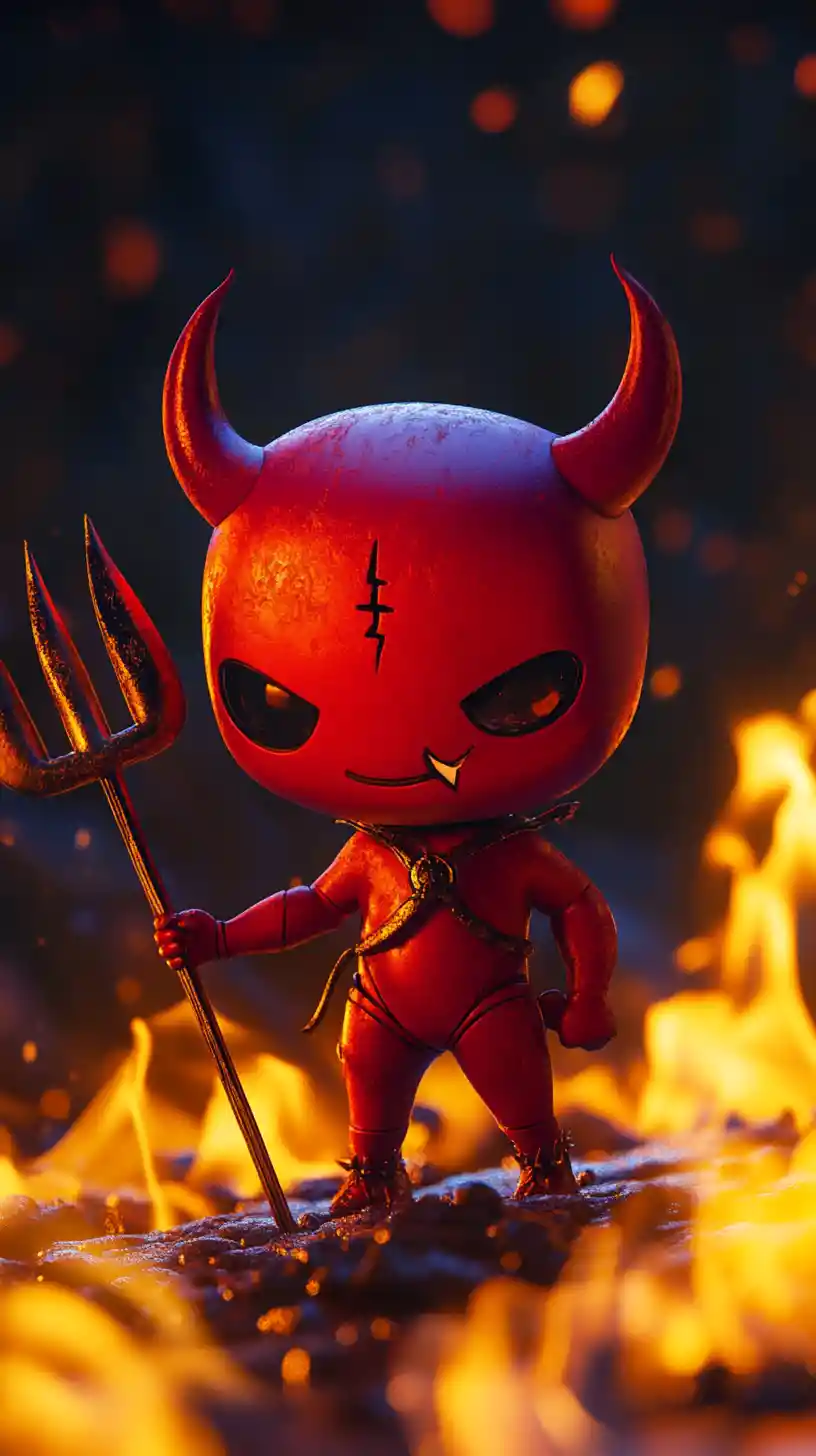 Cute 3D chibi devil with pitchfork in fiery background