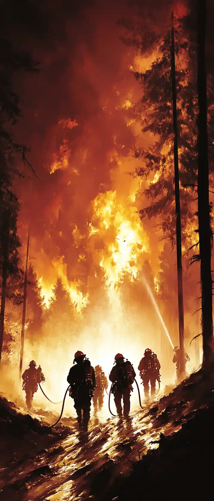 Firefighters Battle A Forest Inferno Under A Stormy Sky