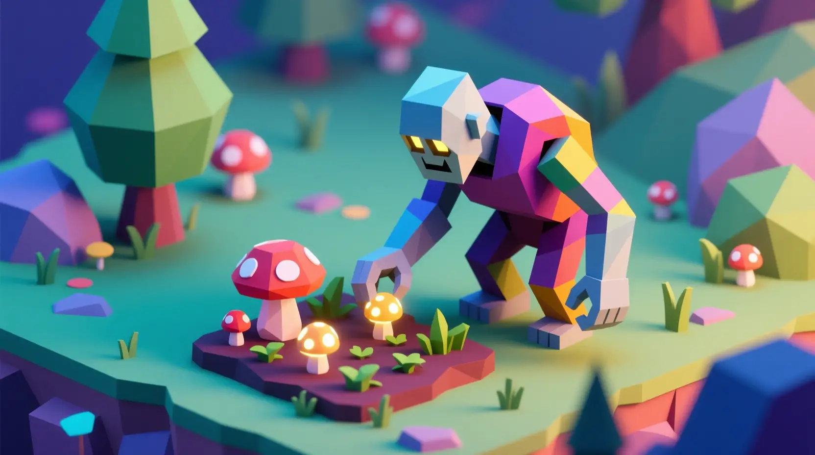Golem low poly prenant soin d’un jardin de champignons lumineux