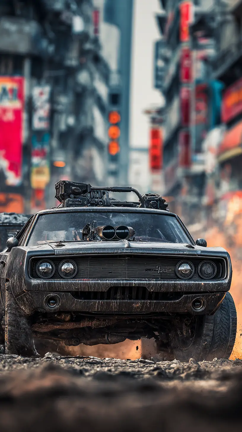 Carro muscle futurista em rua destruída de cidade japonesa - pôster