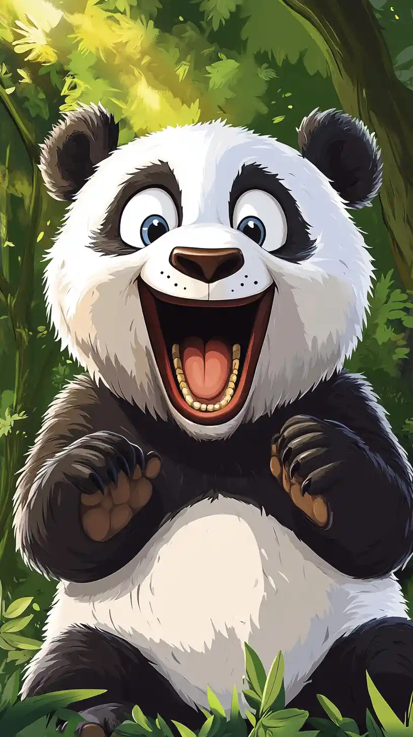 Cute cartoon panda with goofy grin in bright forest