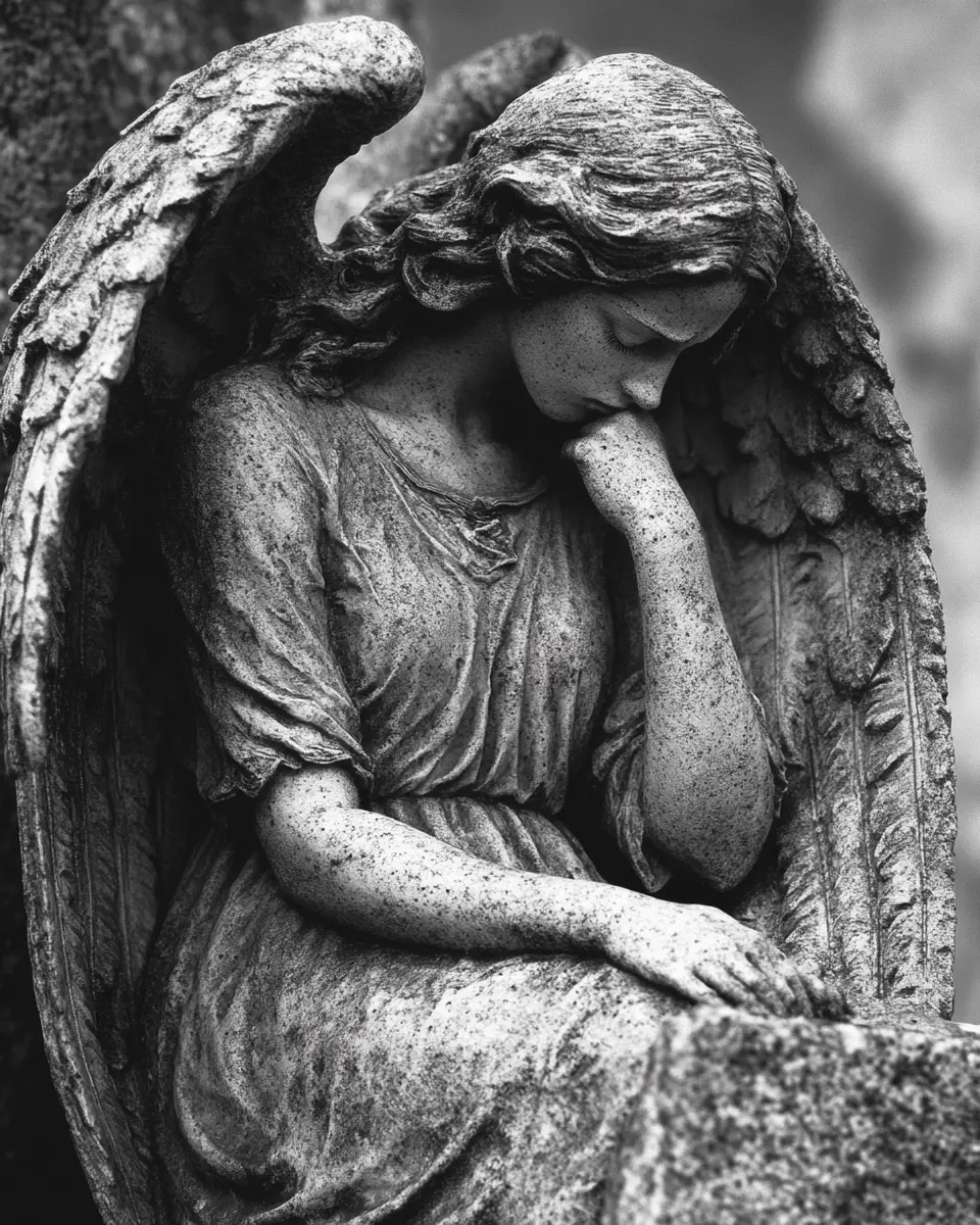 Statue d’ange solitaire dans un cimetière calme de nuit