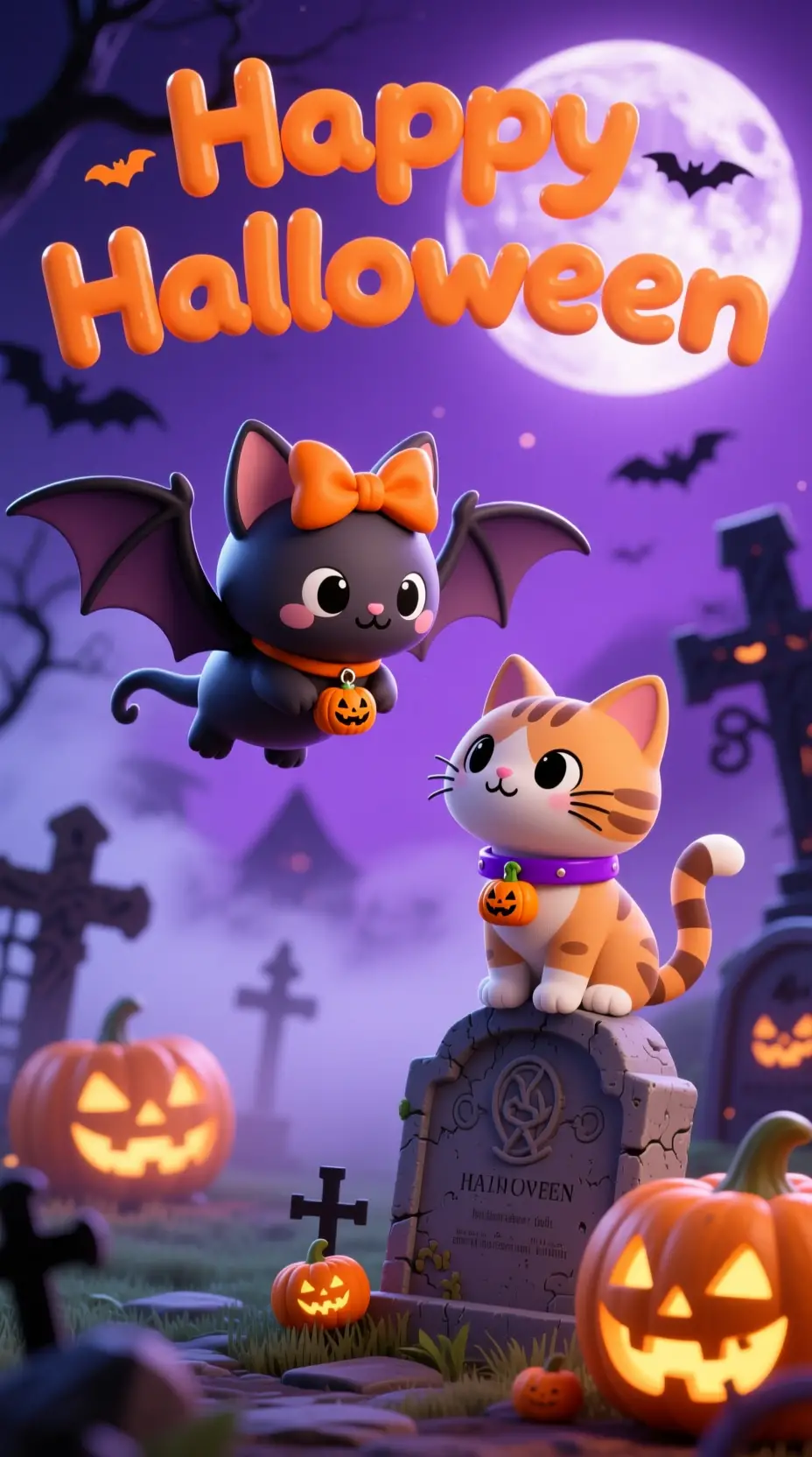 Niedliche Halloween-Katze und Fledermaus auf einem gruseligen Friedhof