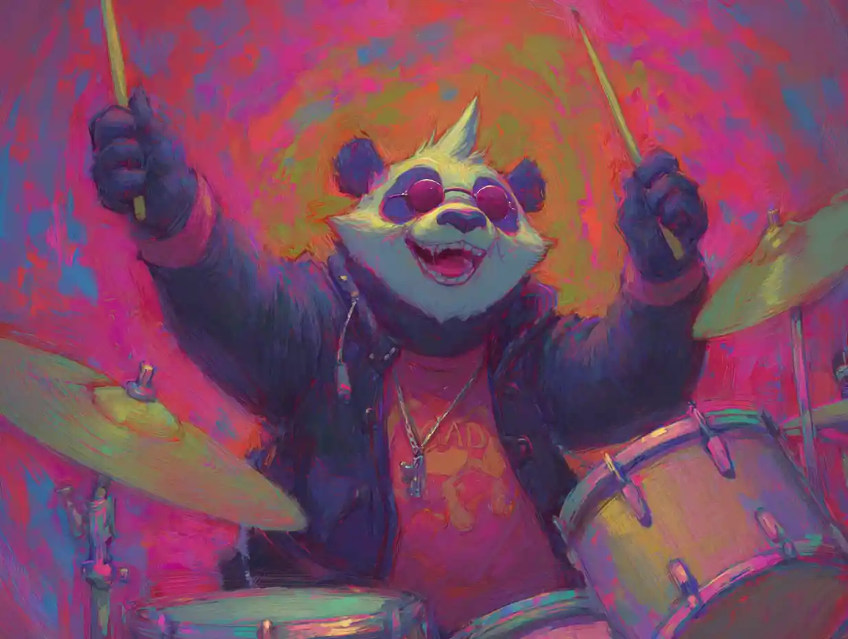 Smiling panda idol enthusiastically playing the drums
