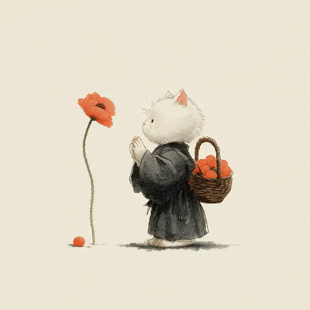 Ink painting of a monk like kitten praying to a poppy