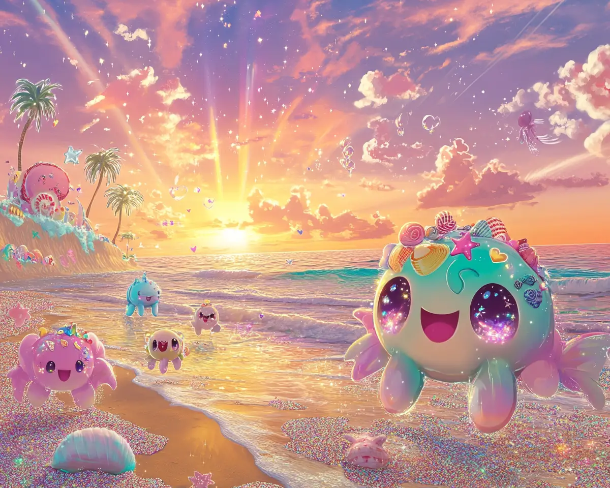 Tortues de mer kawaii en style anime sur une plage magique au coucher du soleil