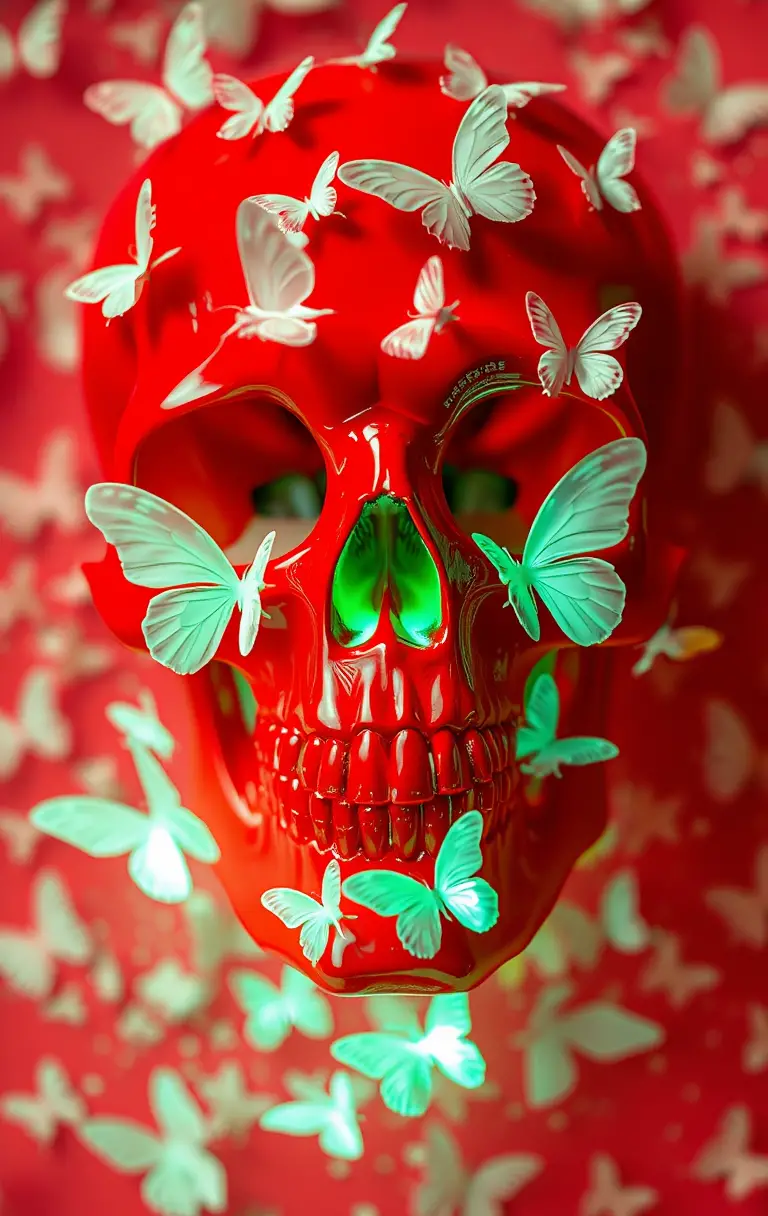 Cheerful red skull formed from butterflies and teeth