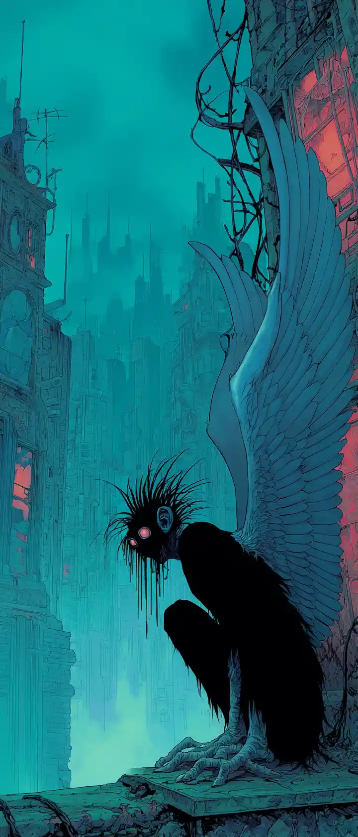 Fallen archangel with chrome wings over dystopian city