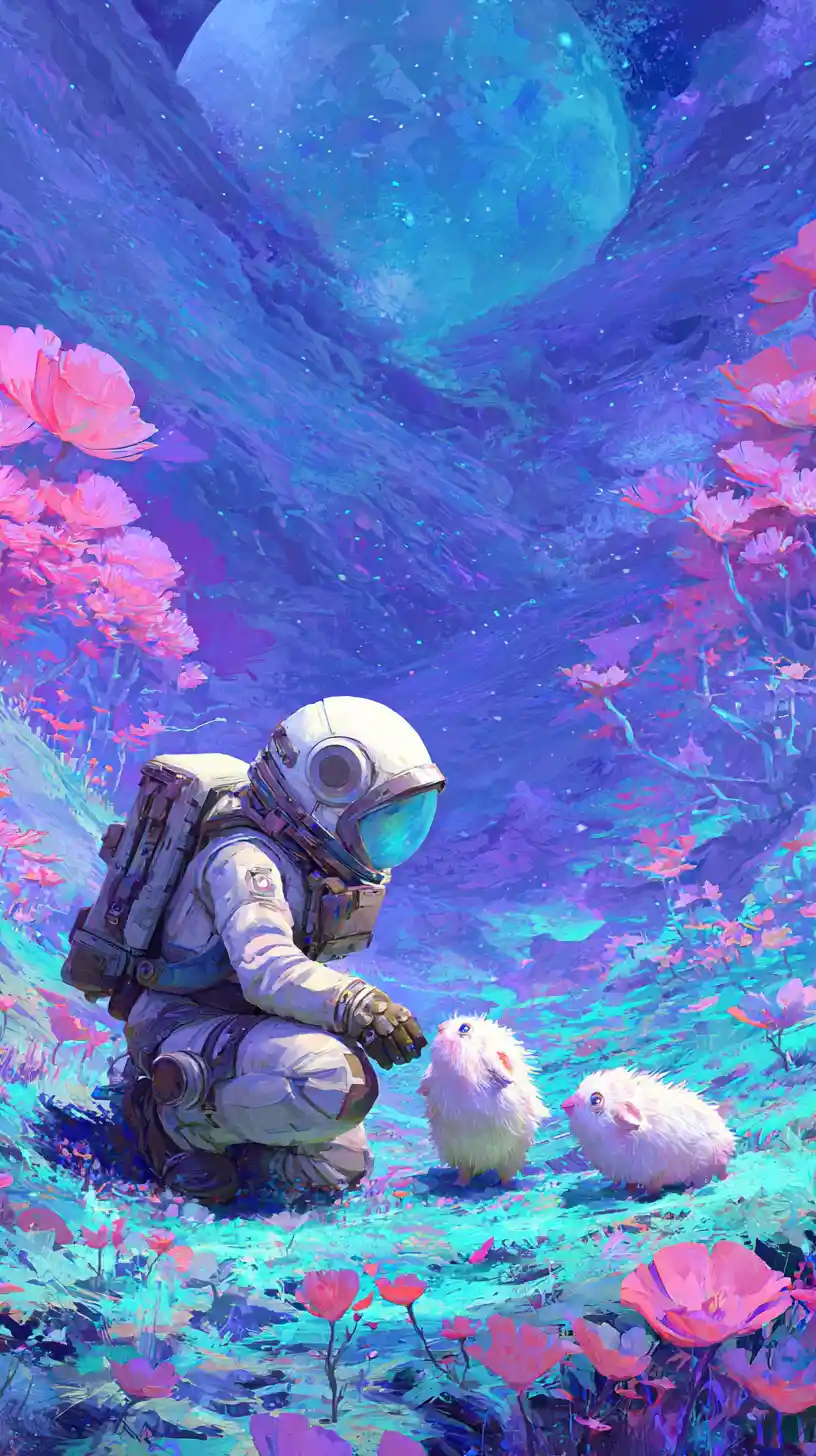 Space traveler meeting cute alien creatures in fantasy landscape