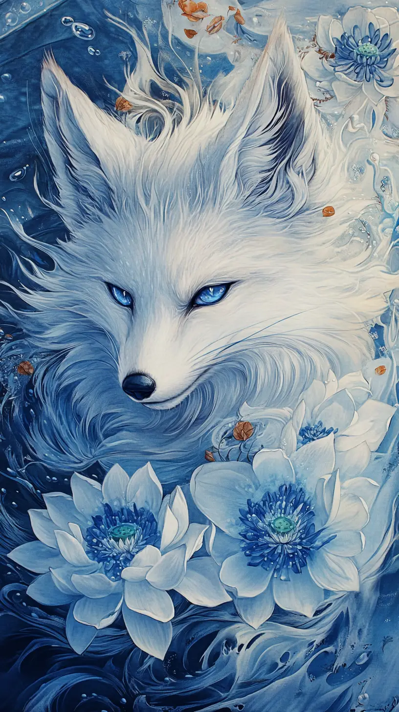 Volpe bianca con fiori di loto presso un lago fluttuante