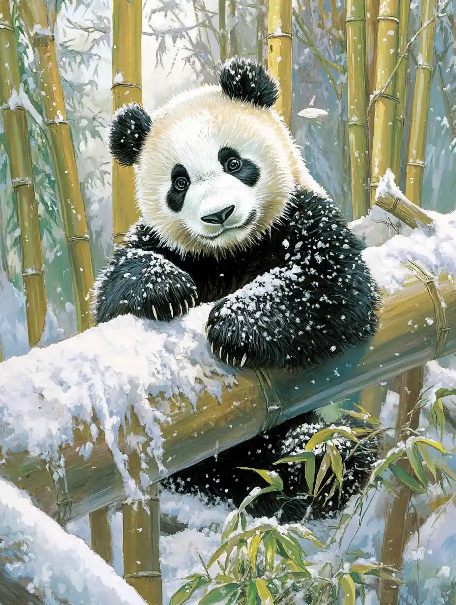 Panda Resting On Snowy Bamboo In Academic Painting