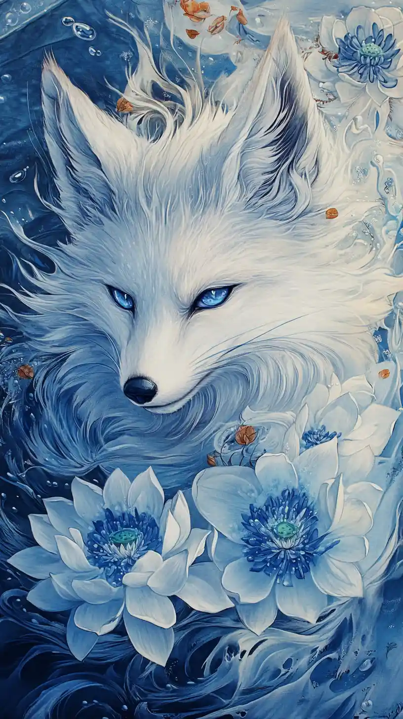 White fox with lotus flowers by a floating lake