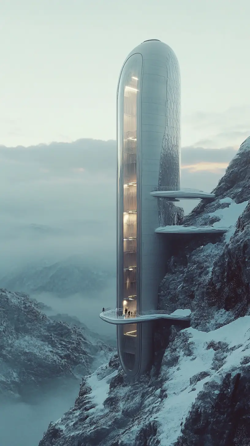 Architettura Montana Futuristica con Ascensore a Capsula Esterno