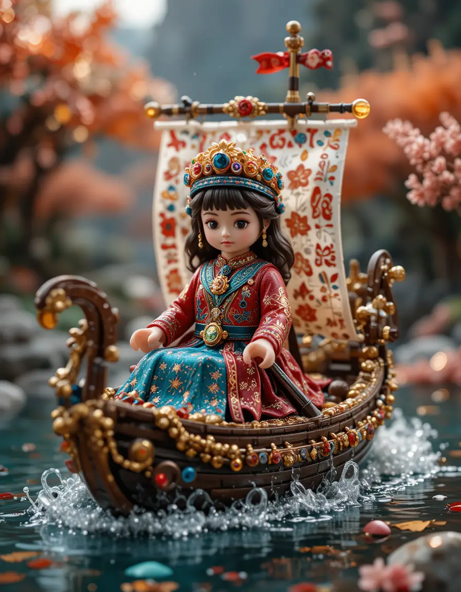 Anime-Mädchen mit einem juwelengeschmückten Lego-Boot