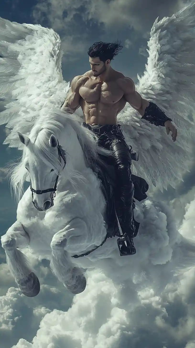Angel Riding A Cloud Pegasus In The Fantasy Sky