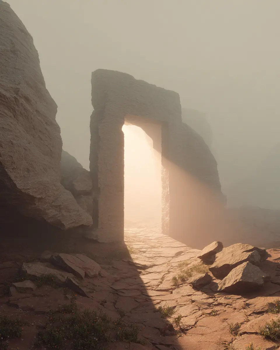 Antigo arco de pedra com sutil fenda cósmica no deserto