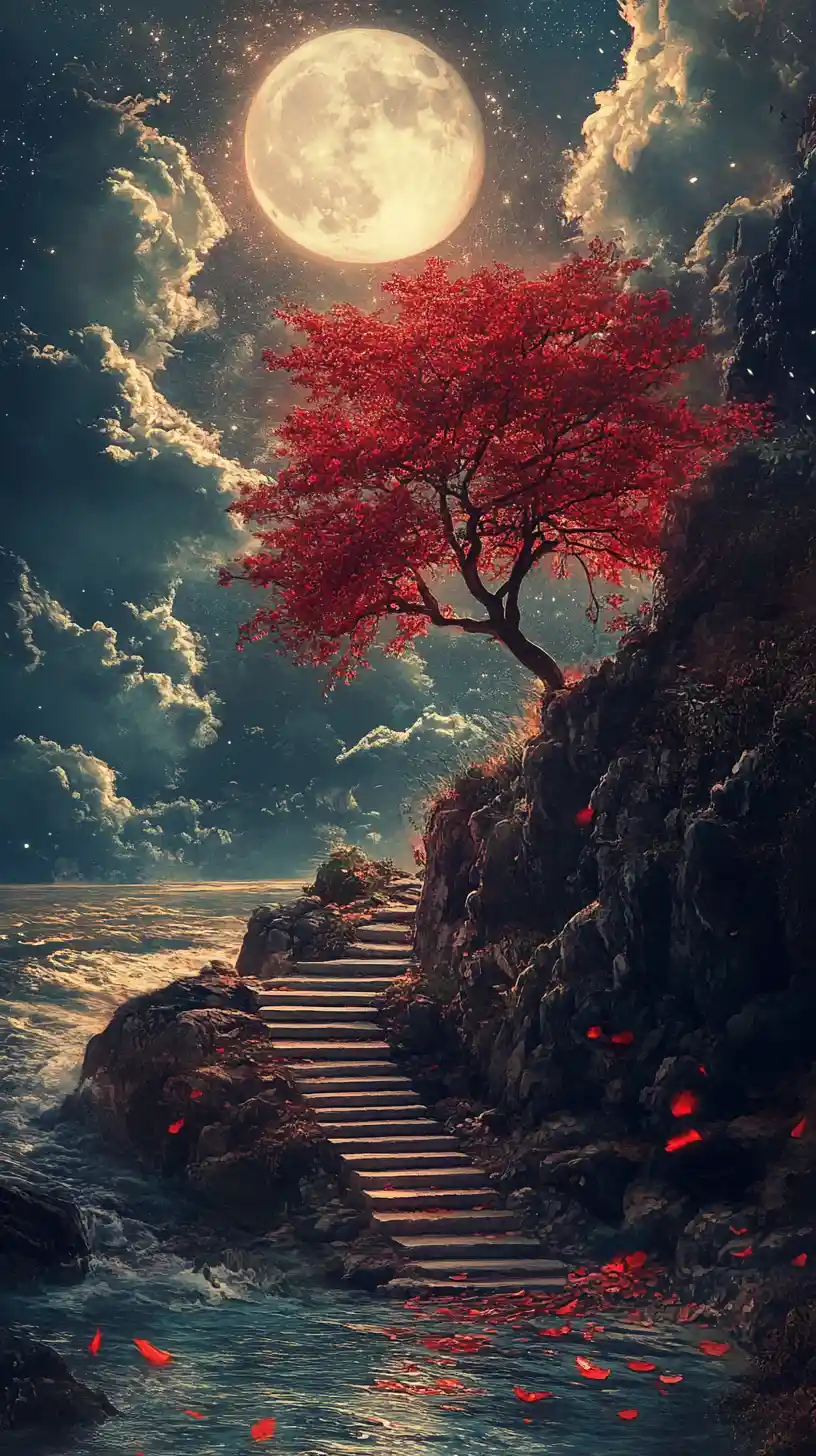 Surreal fantasy tree with red leaves under full moon