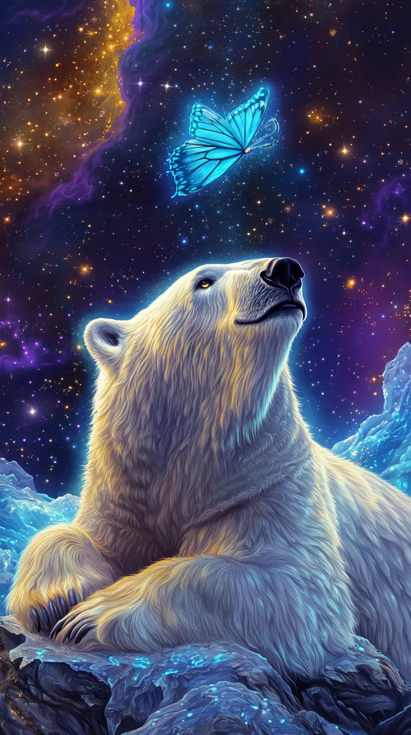 Mystical Polar Bear Portrait Under Cosmic Night Sky