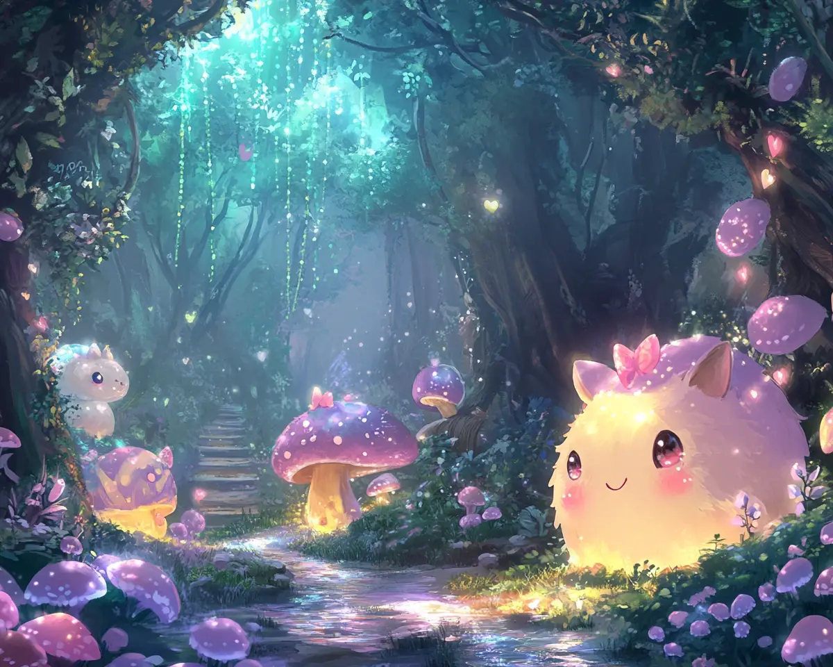 かわいいアニメ風の森：光るキノコと小さな動物たち