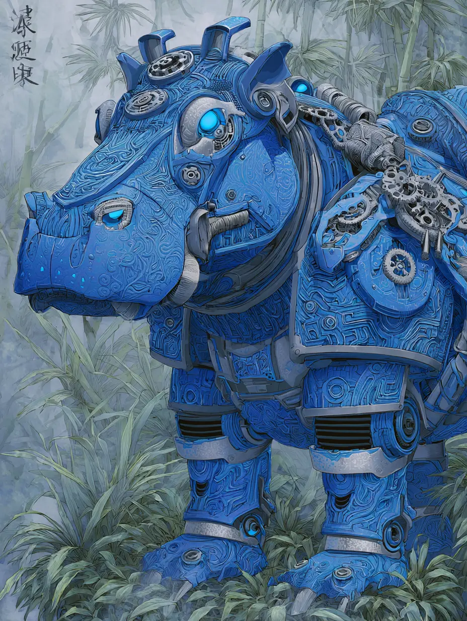 Nilpferd-Samurai-Mecha in blauer Rüstung im nebligen Dschungel