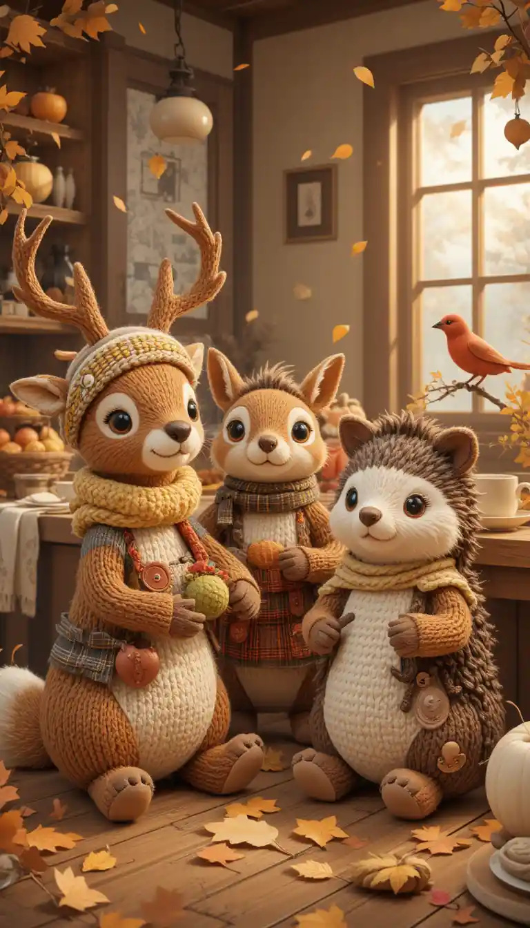 Autumn Plush Animal Friends In A Cozy Living Room