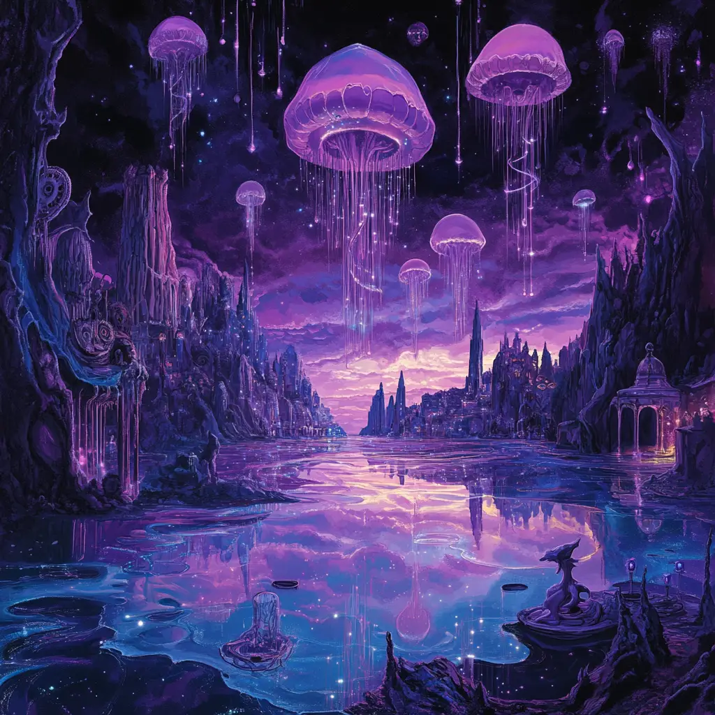 Surreal nebula sky with melting clocks over mirrored lake