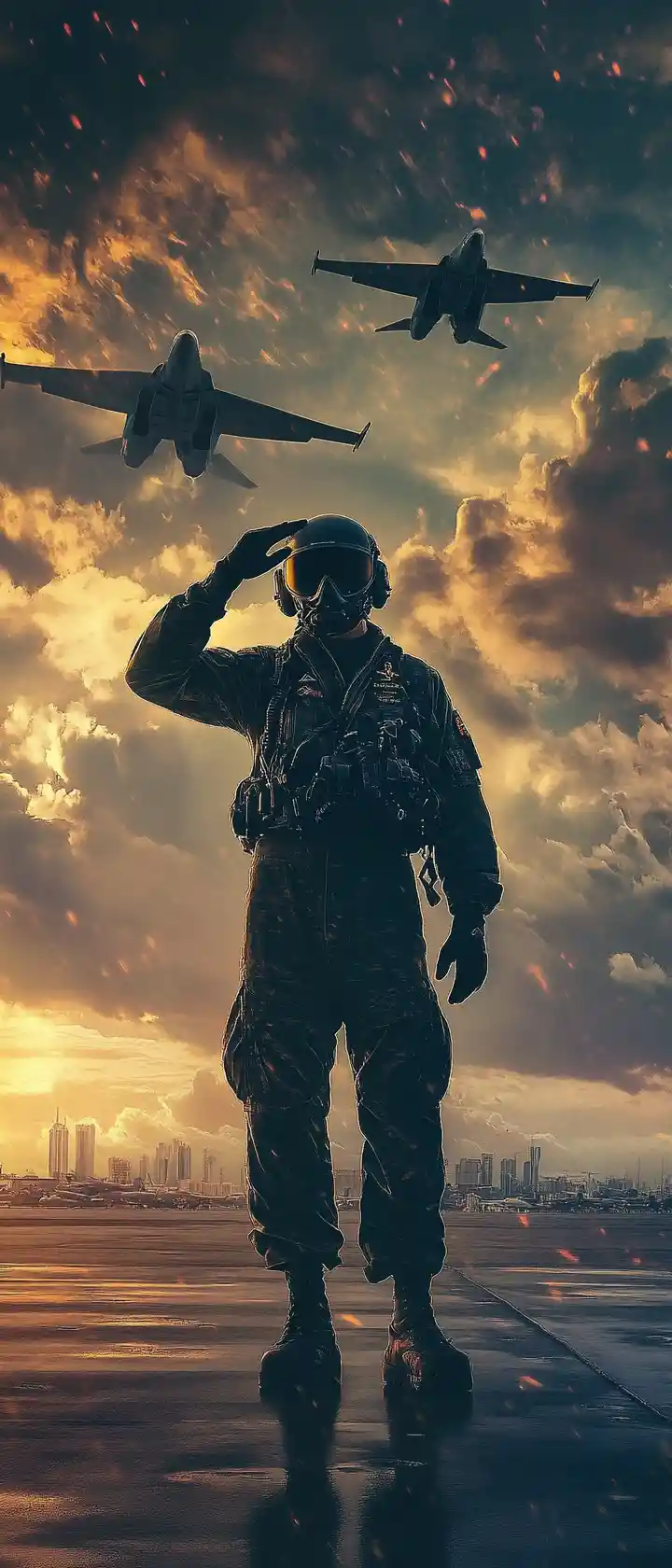 Saudi fighter pilot saluting on dramatic airport runway