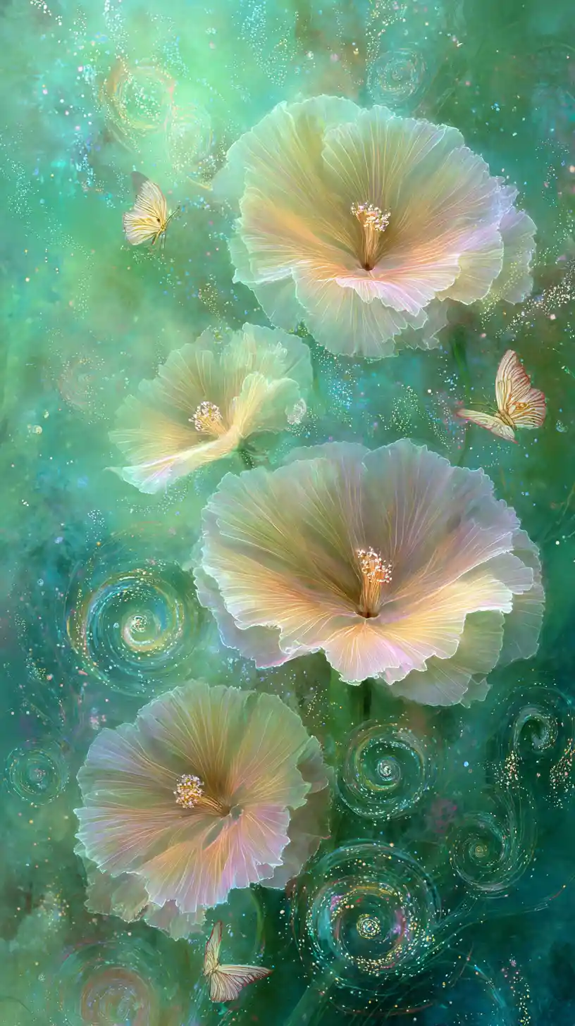 Delicate transparent flowers with butterflies on soft green background