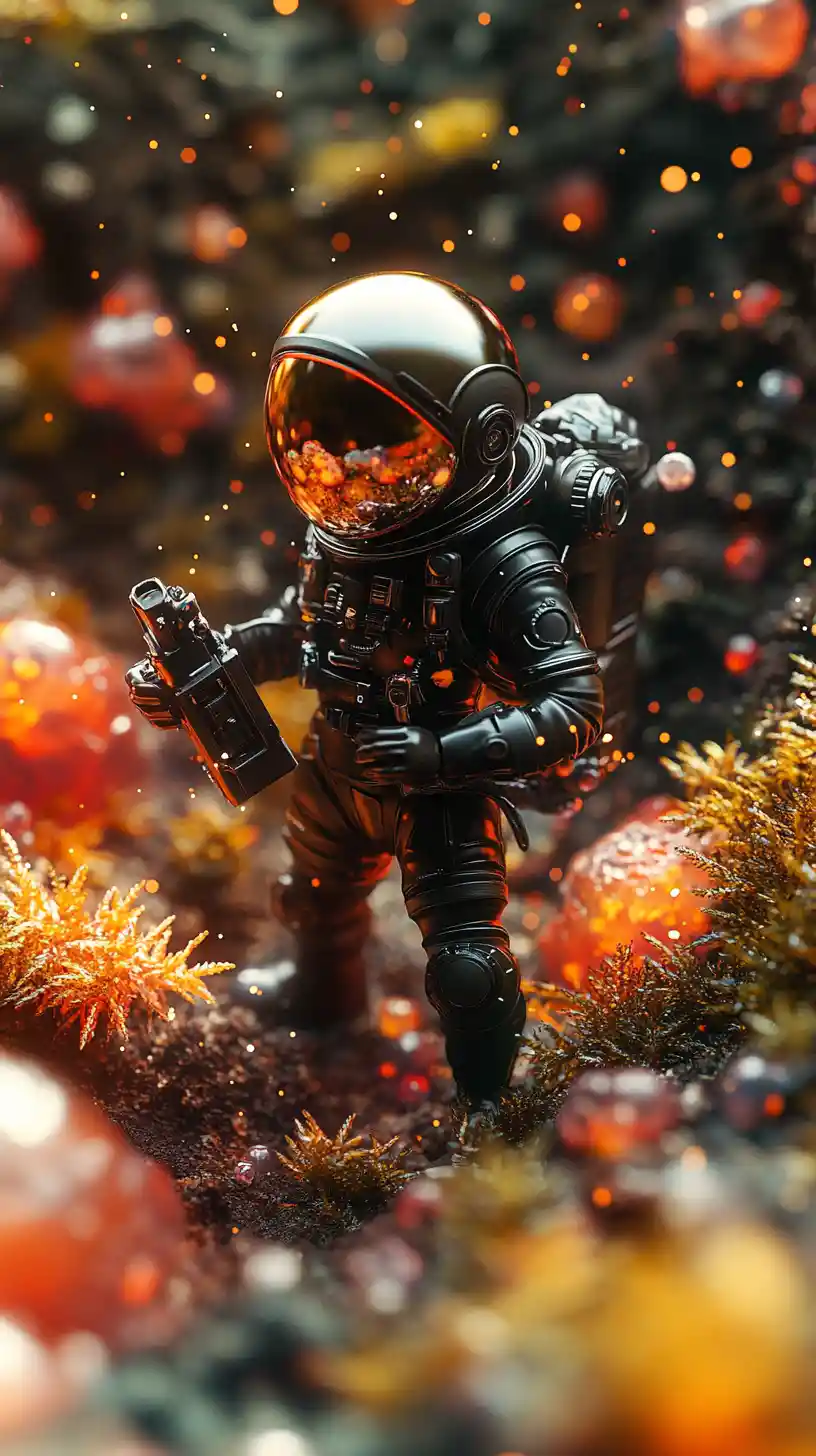 Giocattolo esploratore spaziale in vinile su pianeta di cristallo alieno luminoso