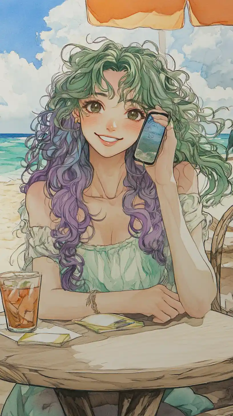 Personaggio cellulare in stile anime in un accogliente café sulla spiaggia