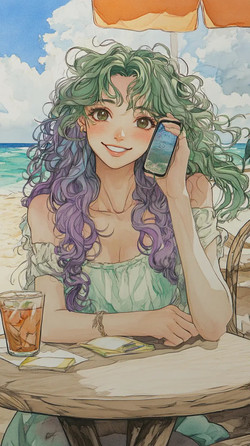 Anime cell phone character at a cozy beach cafe