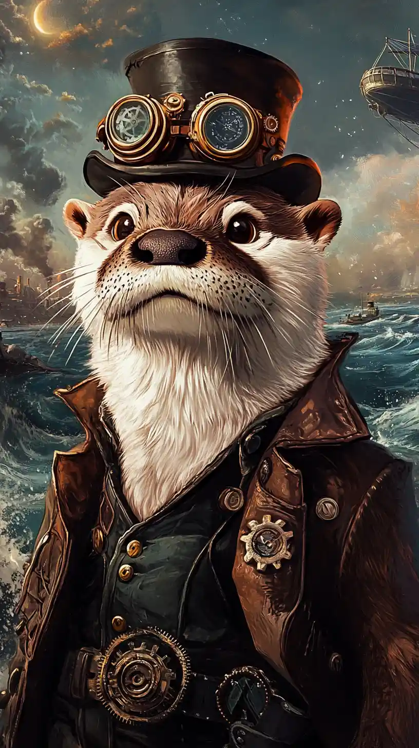 Lontra steampunk in un mare in tempesta illuminato dalla luna