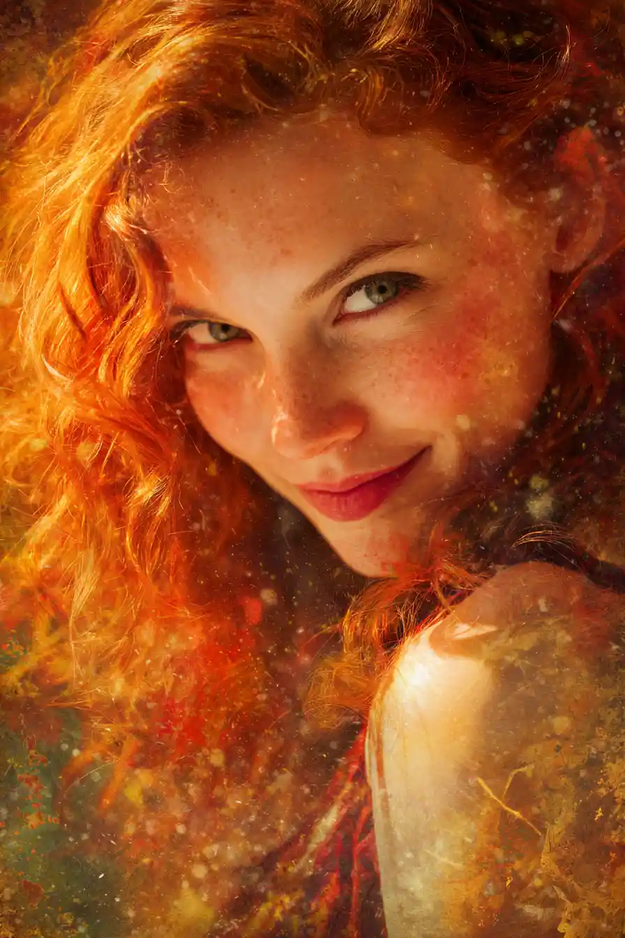 Mystische rothaarige Frau in einem surrealen Fantasy-Porträt