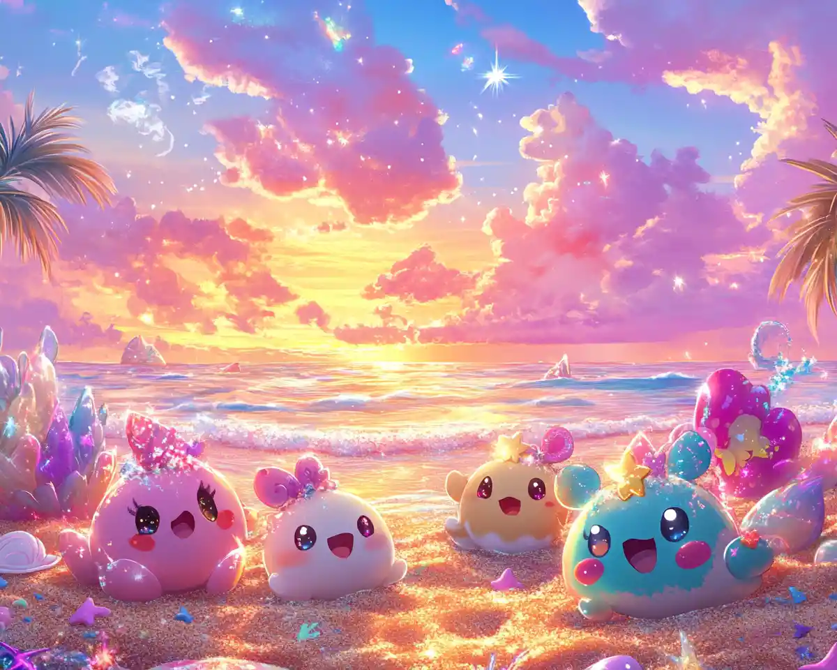 Dolci tartarughe marine in stile anime su una magica spiaggia al tramonto