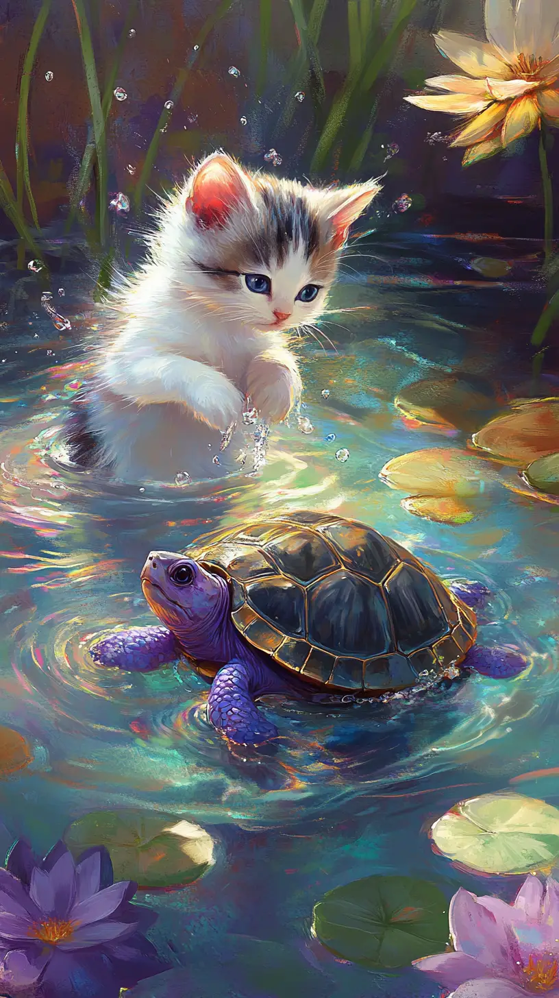 Gattino bianco che si prende cura di una minuscola tartaruga viola nello stagno