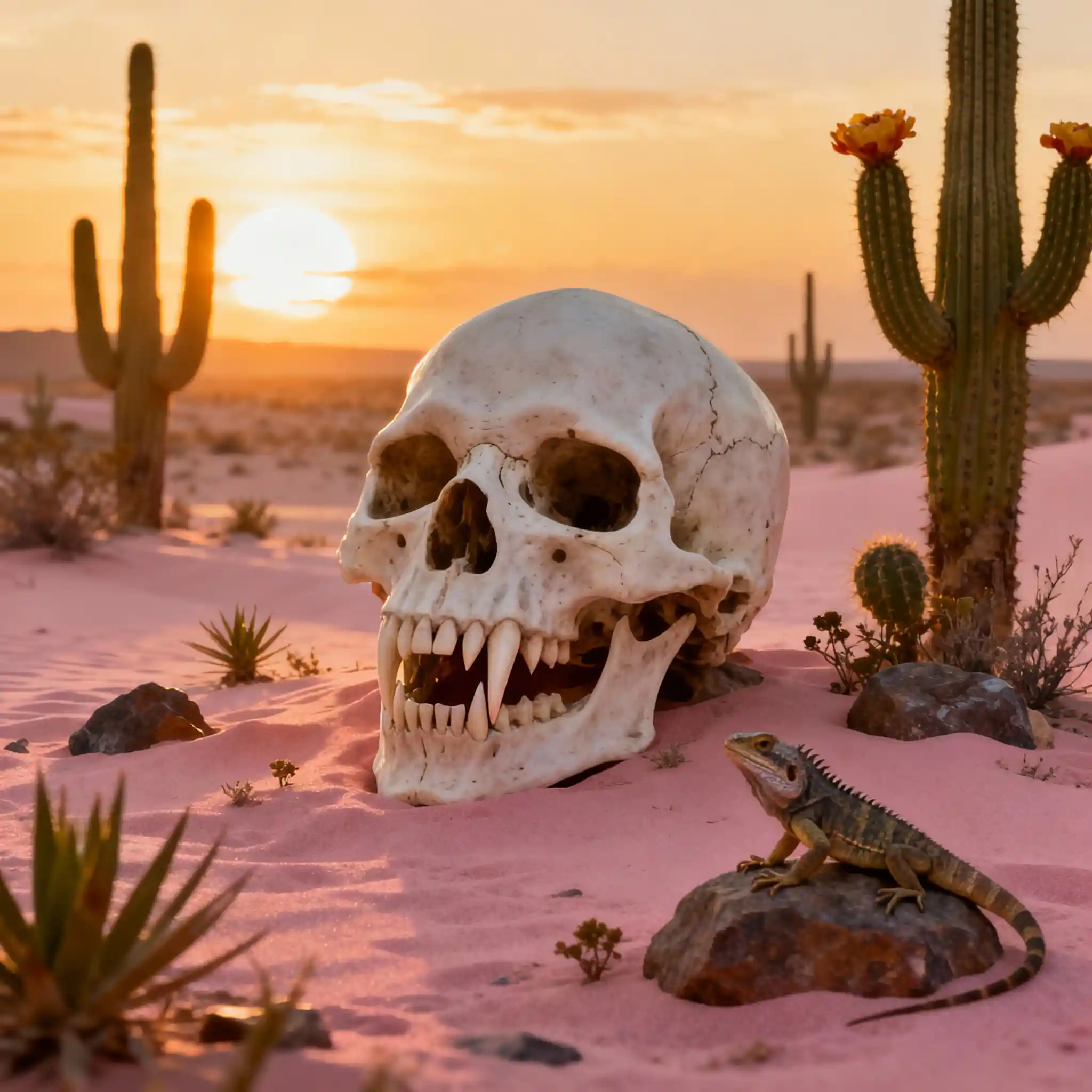 Vampir-Schädel in rosa Wüste bei leuchtendem Sonnenuntergang