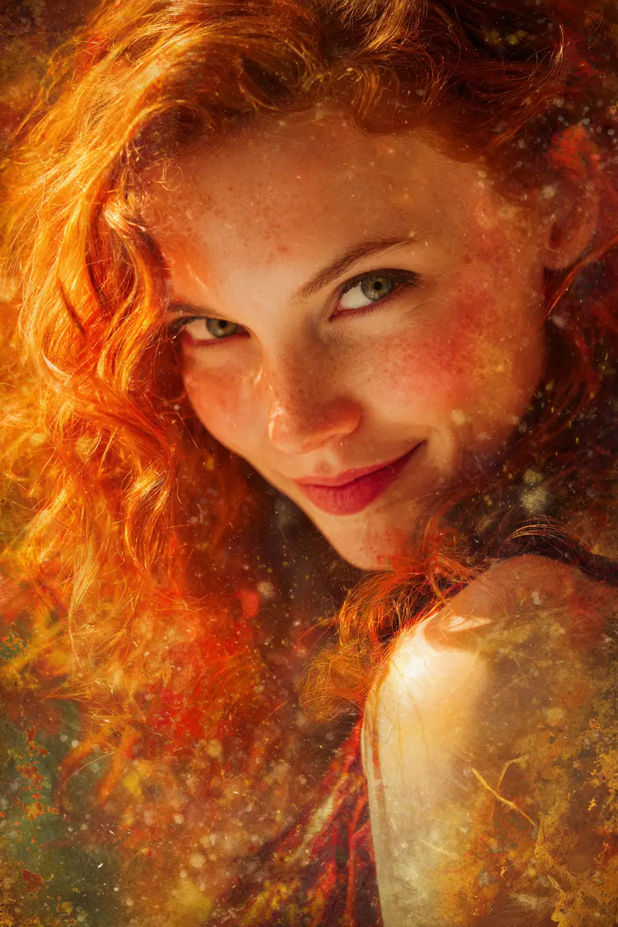 Mystische rothaarige Frau in einem surrealen Fantasy-Porträt