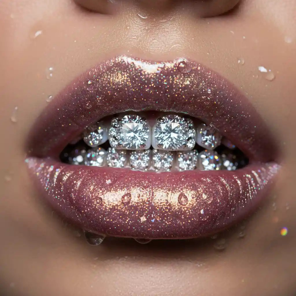 Luxurious close up of glittering lips and diamond teeth
