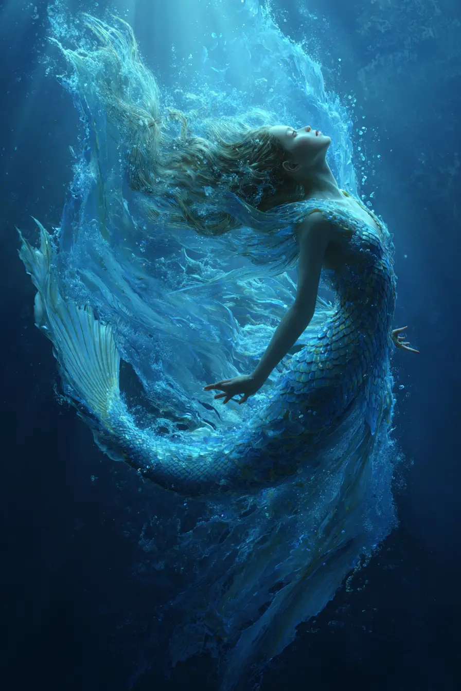 Sirenetta che nuota verso l’alto in una sognante scena di oceano blu