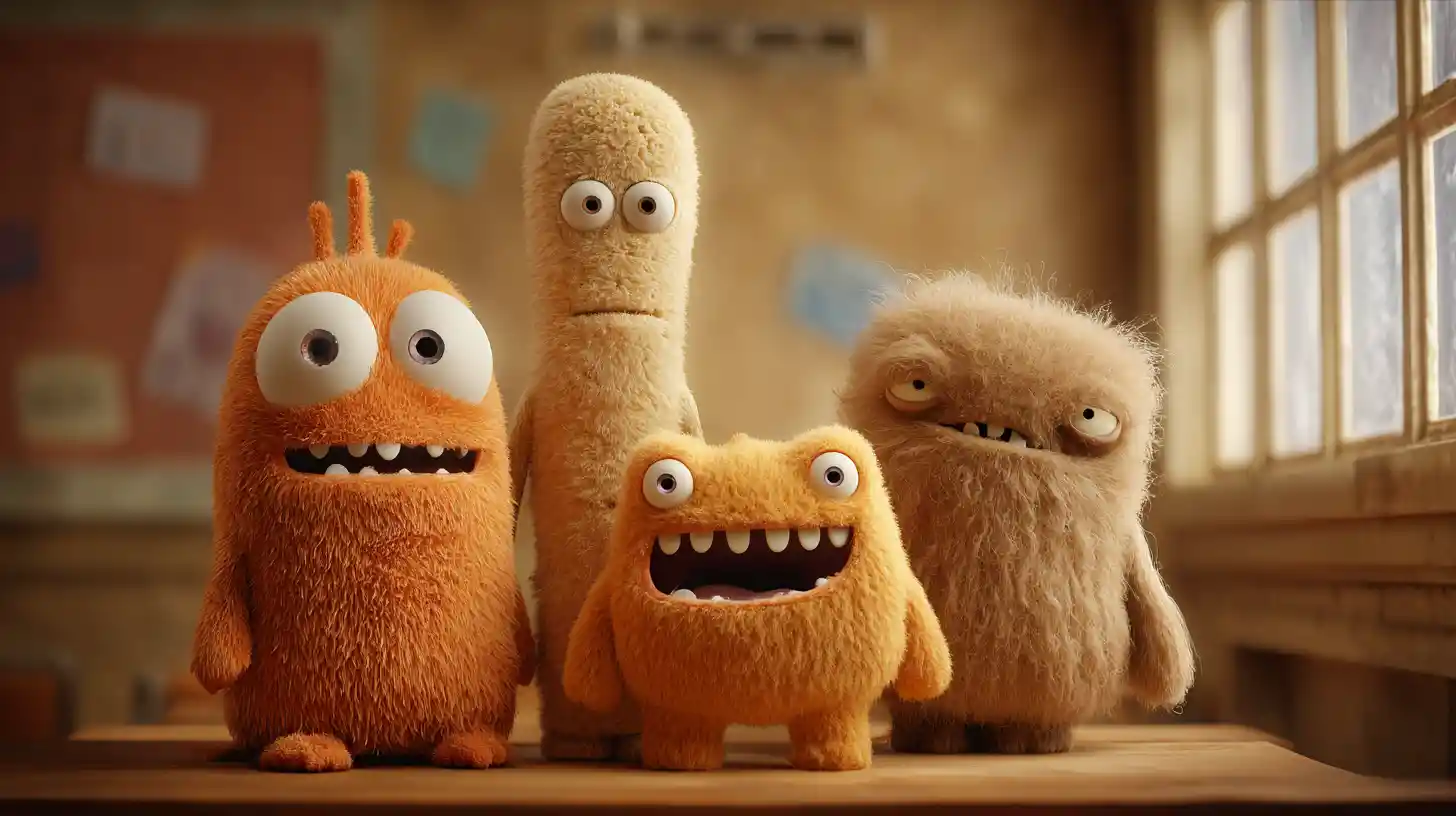 Cute little cartoon monsters in a vintage classroom scene