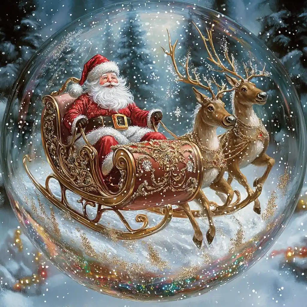 Santa sleigh in a magical Christmas crystal snow globe