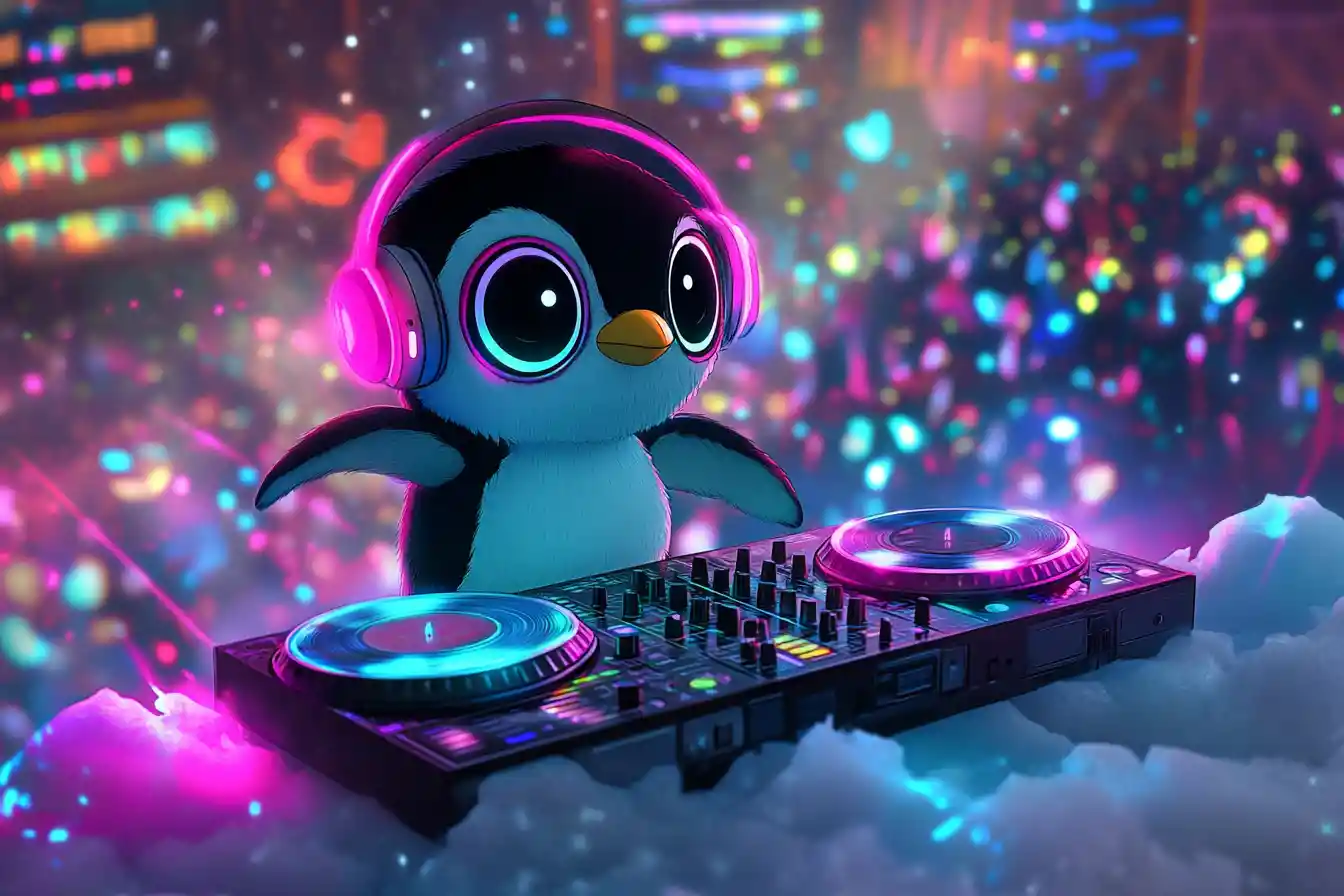 Cute Chibi Penguin DJ With Neon Headphones On Stage