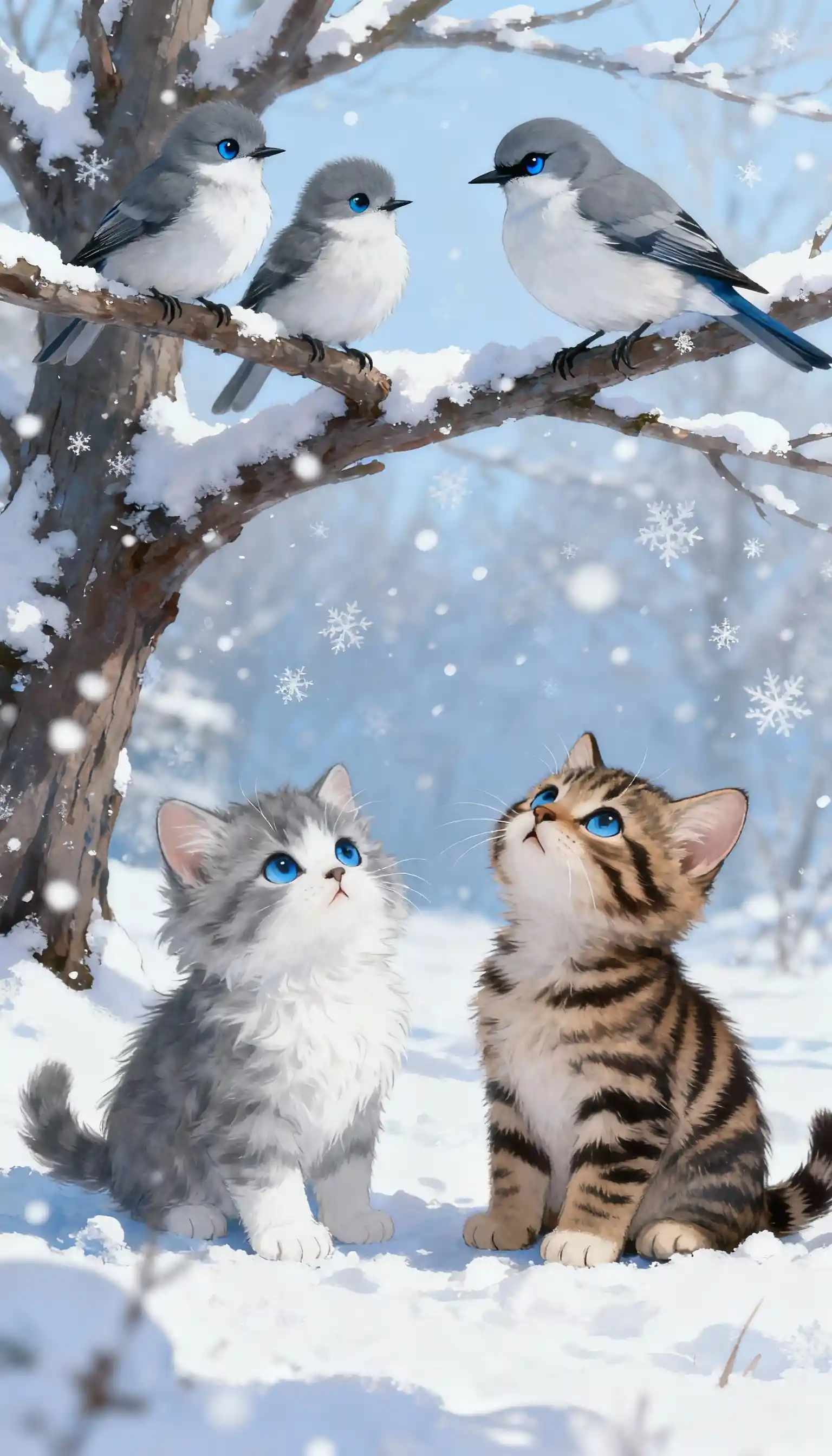 Dolci gattini e uccellini in un paesaggio invernale innevato