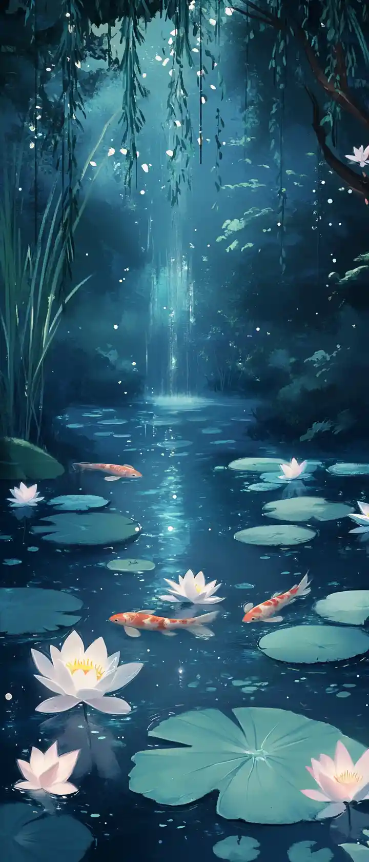 Anime water lily pond with glowing lotus at twilight