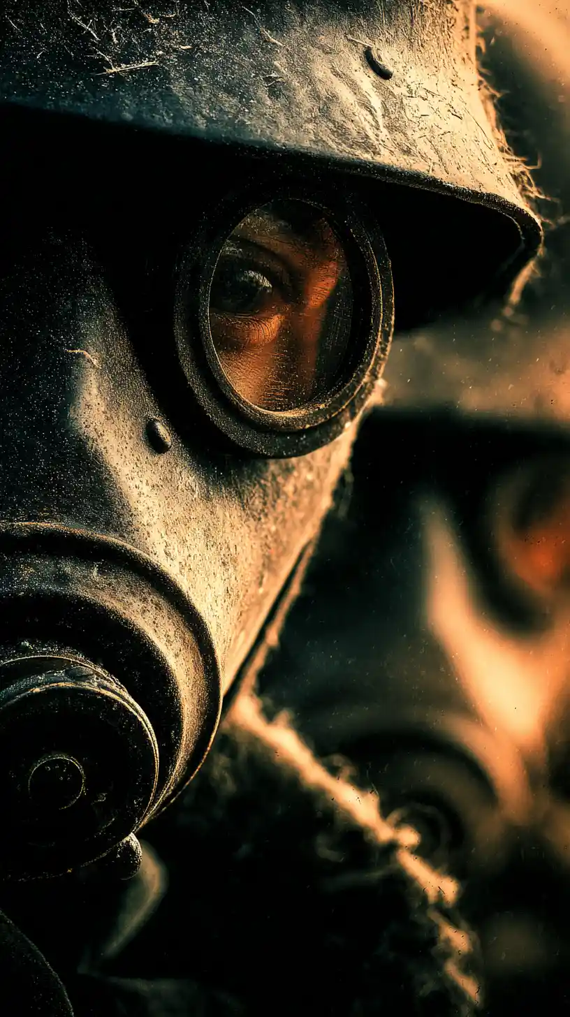 Weltkriegs-Gasmasken-Poster mit Spiegelung einer zerstörten Stadt
