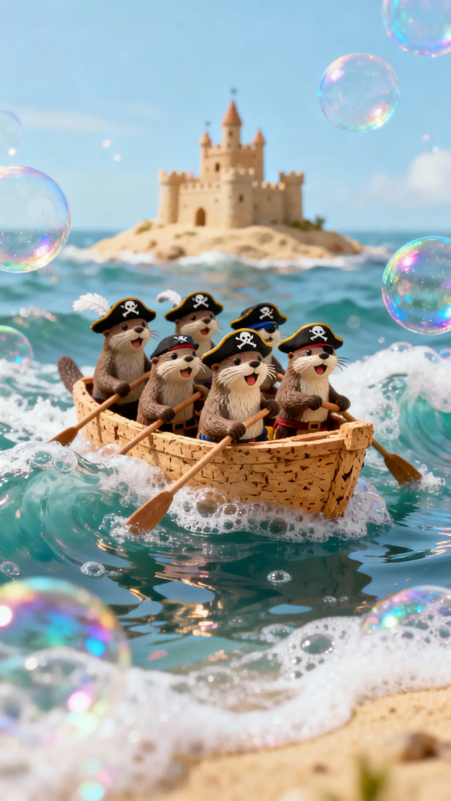 Otter-Piraten rudern ein Korkboot durch Blasenwellen