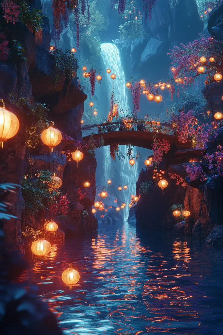 Cascade magique et lumineuse avec lanternes et lumières de cristal