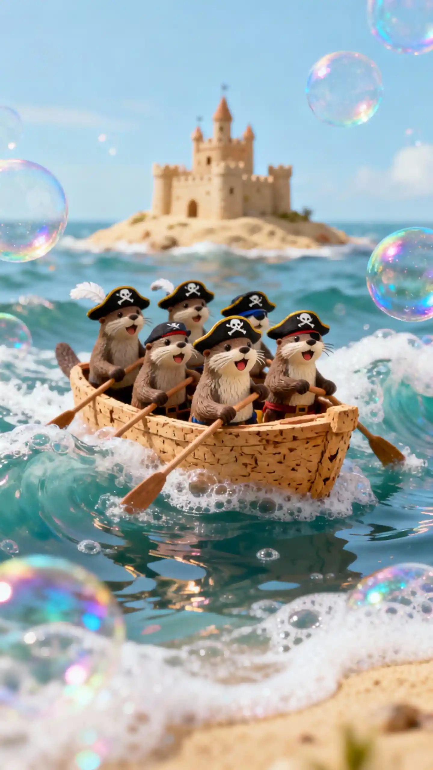Otter pirates rowing a cork boat through bubble waves